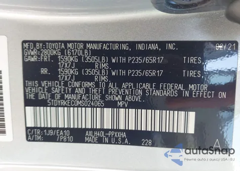 2021 Toyota Sienna Xle from USA, damaged, VIN 5TDYRKEC0MS024065